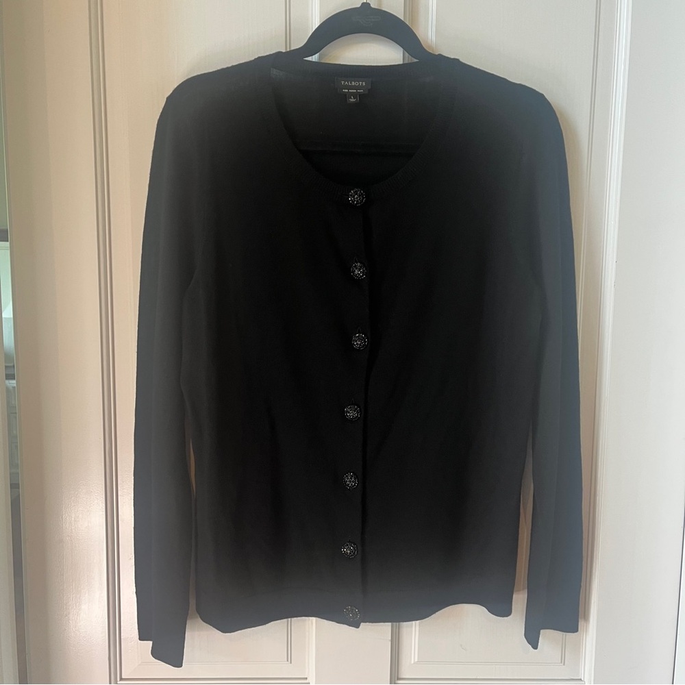Talbots Black Merino Wool Sweater with sparkling button embellishments size la